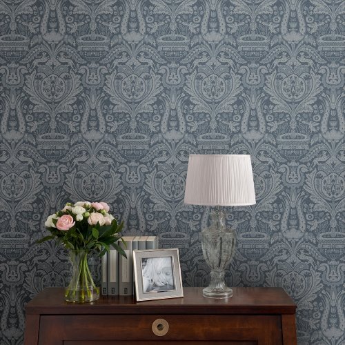 Laura Ashley Heraldic Damask Dusky Seaspray Wallpaper 113409