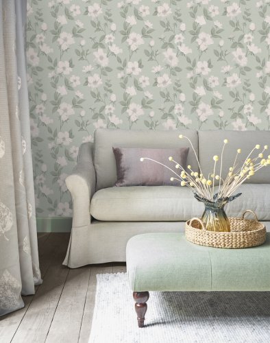 Laura Ashley Fleurir Smoke Green Wallpaper 114917