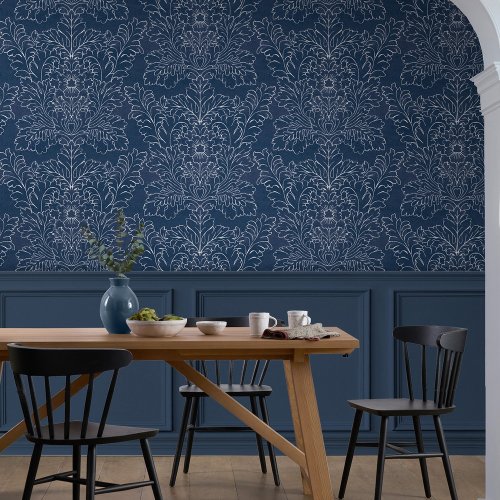 Laura Ashley Silchester Midnight Seaspray Blue Wallpaper Room