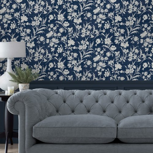 Laura Ashley Rye MIdnight Seaspray Blue Wallpaper Room