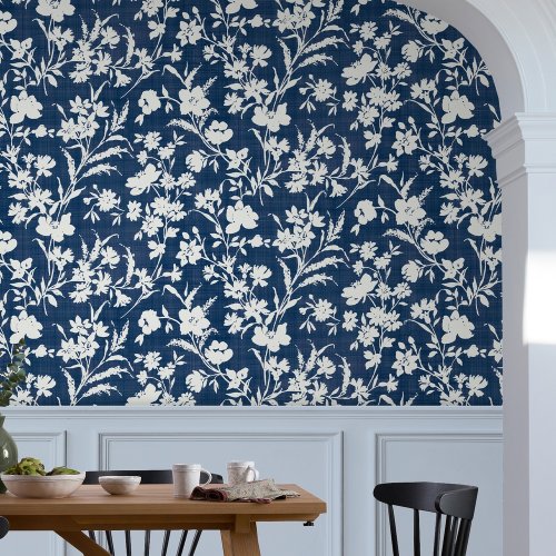Laura Ashley Rye MIdnight Seaspray Blue Wallpaper Room