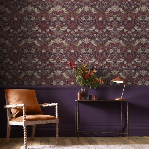 Morris at Home Strawberry Thief Fibrous Burgundy Wallpaper Room