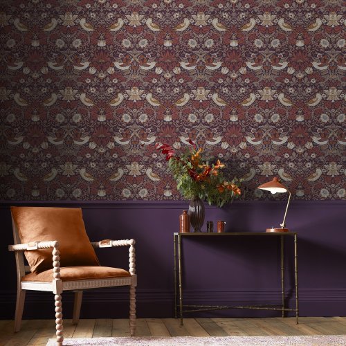 Morris at Home Strawberry Thief Plum Wallpaper Room