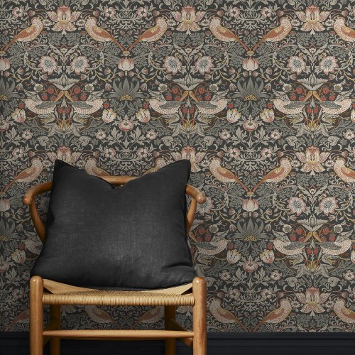 Morris at Home Strawberry Thief Charcoal Wallpaper Room