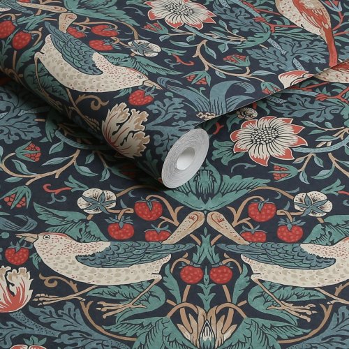 Morris at Home Strawberry Thief Deep Blue Wallpaper Roll