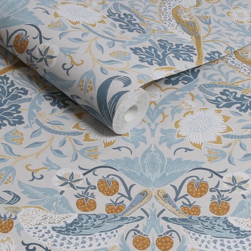 Morris at Home Strawberry Thief Soft Blue Wallpaper Roll