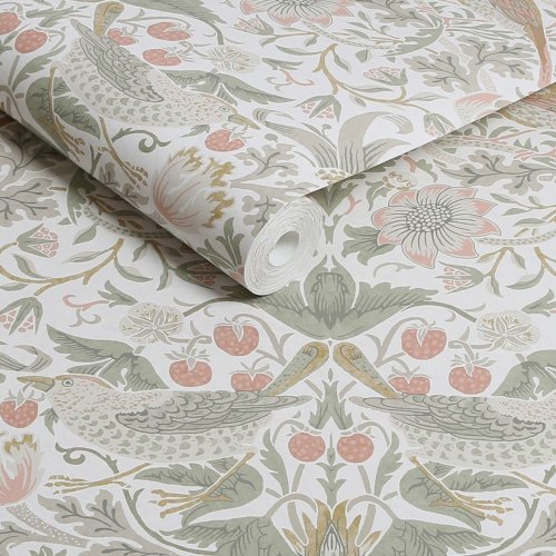 Morris at Home Strawberry Thief Sage & Pink Wallpaper Roll