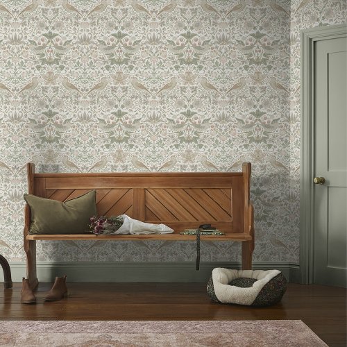 Morris at Home Strawberry Thief Sage & Pink Wallpaper Room