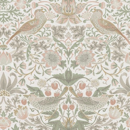 Morris at Home Strawberry Thief Sage & Pink Wallpaper