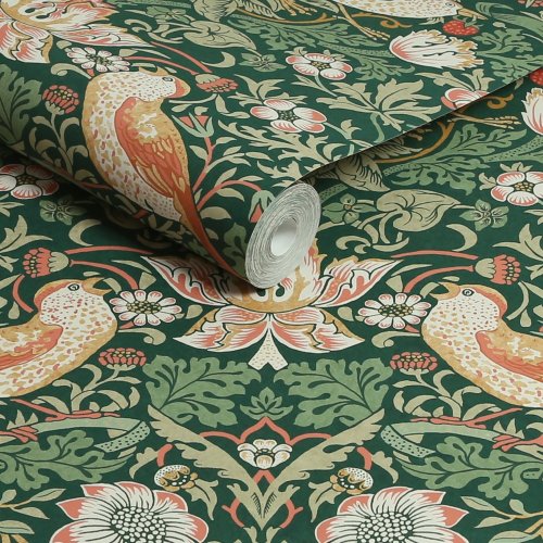 Morris at Home Strawberry Thief Rich Green Wallpaper Roll