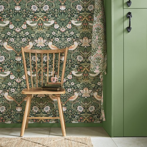 Morris at Home Strawberry Thief Rich Green Wallpaper Room