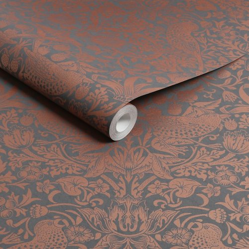 Morris at Home Strawberry Thief Fibrous Charcoal Wallpaper Roll