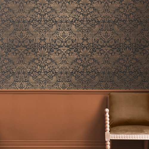 Morris at Home Strawberry Thief Fibrous Charcoal Wallpaper Room