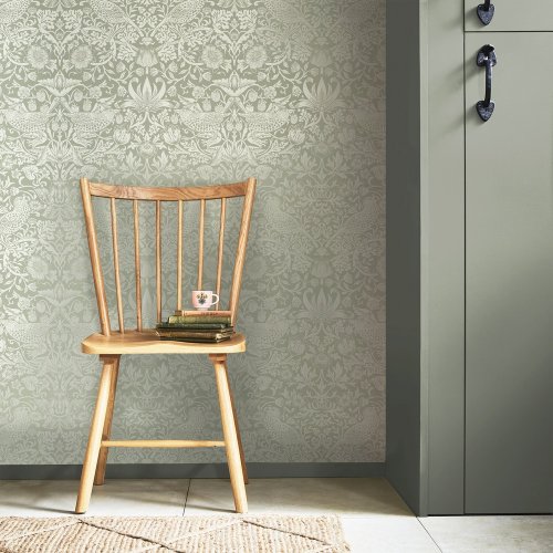 Morris at Home Strawberry Thief Fibrous Sage Wallpaper Room
