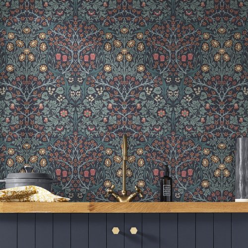 Morris at Home Blackthorn Navy Wallpaper Room