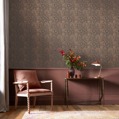 Morris at Home Marigold Fibrous Charcoal Wallpaper Room