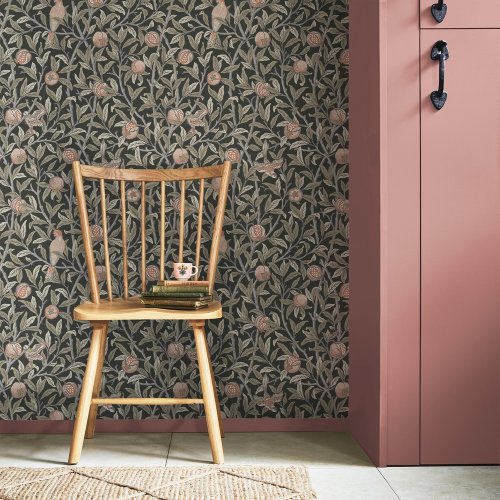Morris at Home Bird & Pomegranate Charcoal Wallpaper Room