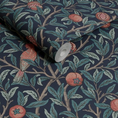 Morris at Home Bird & Pomegranate Navy Blue Wallpaper