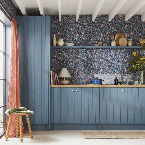 Morris at Home Bird & Pomegranate Navy Blue Wallpaper