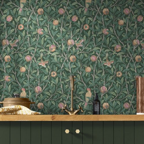 Morris at Home Bird & Pomegranate Deep Green Wallpaper Room