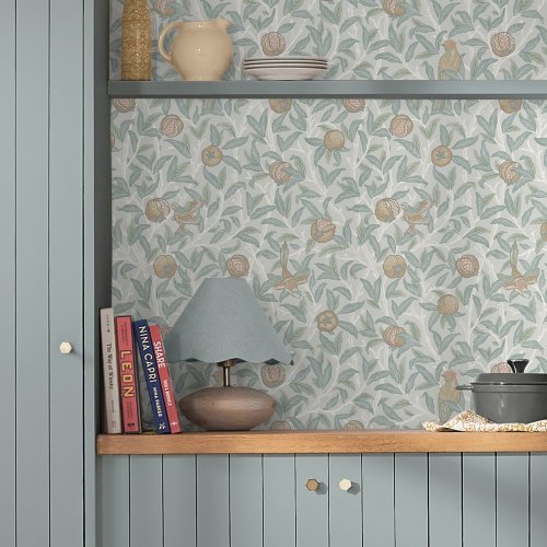 Morris at Home Bird & Pomegranate Duck Egg Wallpaper Room