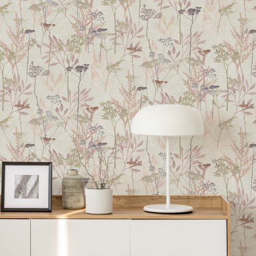 Room styled with Solstice Pink wallpaper and soft neutral decor