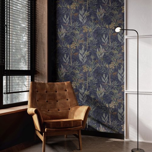 Room scene with Solstice Navy Copper wallpaper and bold interior styling