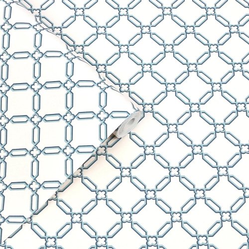 Laura Ashley Westminster Dusky Seaspray Wallpaper roll highlighting the elegant lattice design in dusky blue and warm neutrals.