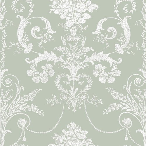 Laura Ashley Josette Sage Green Wallpaper featuring an elegant damask pattern with floral swags and intricate detailing on a soft green backdrop