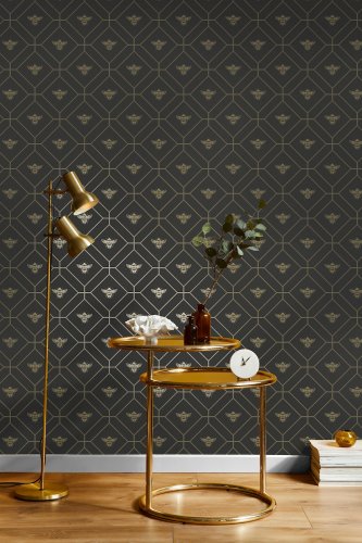 Holden Decor Honeycomb Bee Charcoal and Gold Wallpaper 13081