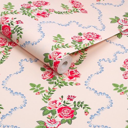 Roll shot of Rose Flutter Pink wallpaper with soft floral detail