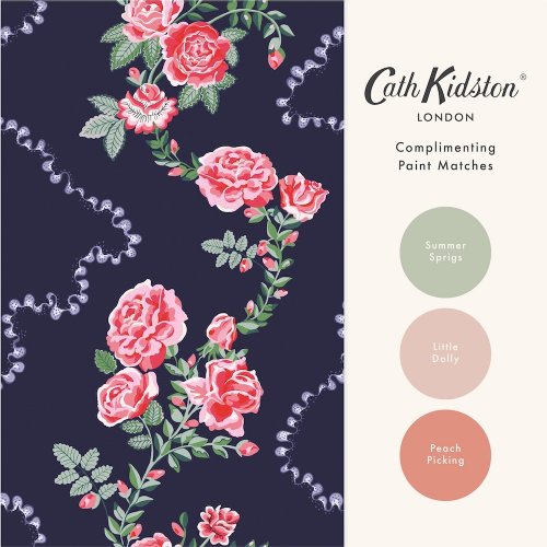 Cath Kidston Rose Flutter Navy wallpaper shown with coordinating paint colours for styling