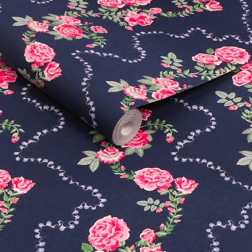 Cath Kidston Rose Flutter Navy wallpaper roll shot, close detail of floral and frill pattern