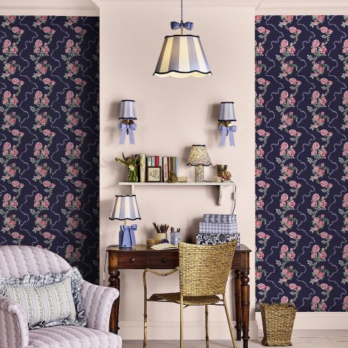 Cath Kidston Rose Flutter Navy wallpaper styled wall with hand painted rose floral print