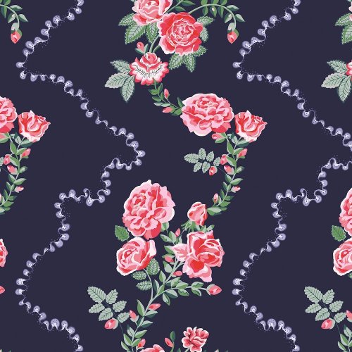Cath Kidston Rose Flutter Navy wallpaper flat image, floral rose and frill design on navy blue background