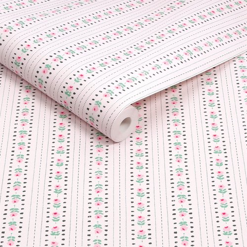 Roll shot of Rose Ticking Stripe Pink wallpaper design