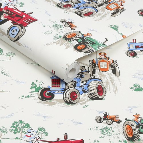 Rolled wallpaper showing the Cath Kidston Tractor Multi design with colourful tractor