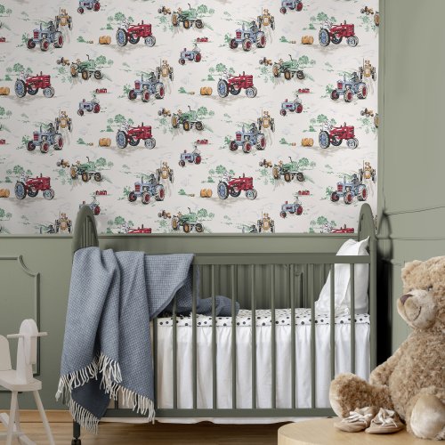 Nursery decorated with Cath Kidston Tractor Multi Wallpaper and soft furnishings