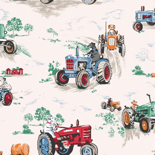 Cath Kidston Tractor Multi Wallpaper pattern with animals driving vintage tractors