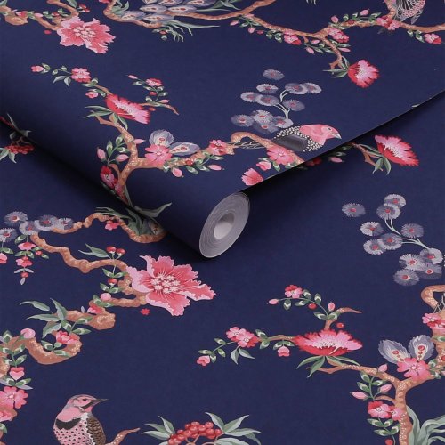 Cath Kidston Birds & Berries Navy wallpaper roll, bird and floral detail