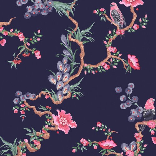 Cath Kidston Birds & Berries Navy wallpaper flat pattern, birds and berries