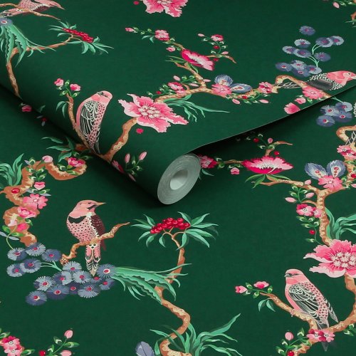 Cath Kidston Birds & Berries Emerald wallpaper roll, bird and blossom detail