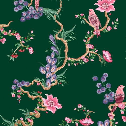 Cath Kidston Birds & Berries Emerald wallpaper, vibrant pink florals on emerald green background
