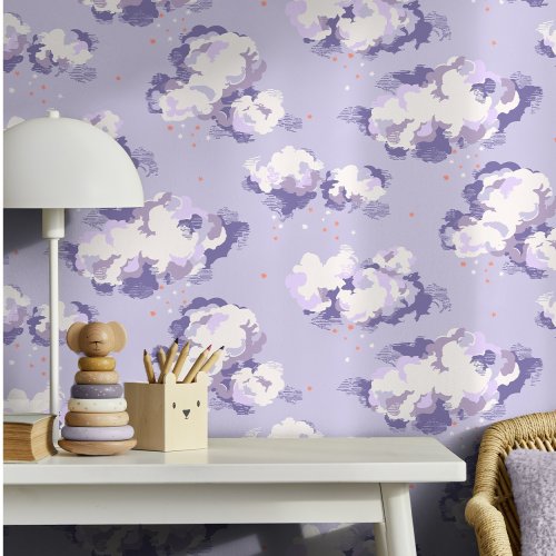 Cath Kidston Silver Linings Violet wallpaper with dreamy cloud design