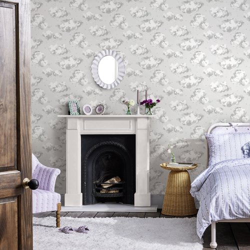 Cath Kidston Silver Linings Neutral wallpaper styled in a modern light-toned interior
