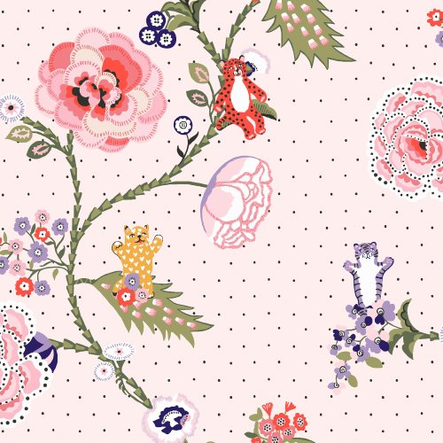 Cath Kidston Catnip Pink Wallpaper styled in a light pastel room with floral and cat motifs