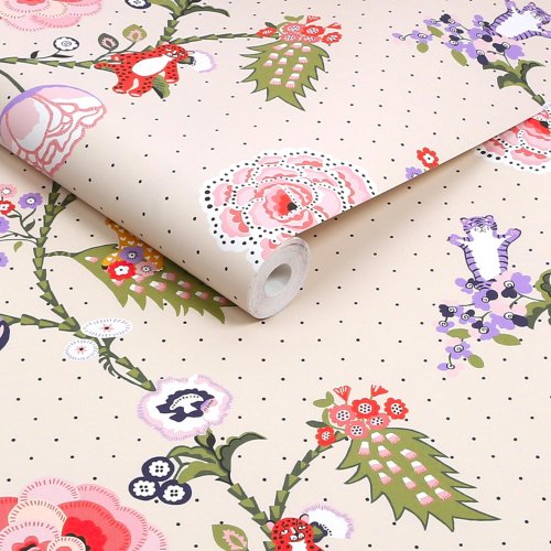 Roll of Cath Kidston Catnip Neutral Wallpaper showing cat and floral pattern