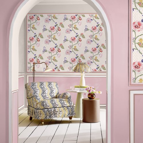 Cath Kidston Catnip Neutral Wallpaper styled on a neutral wall with floral cat design