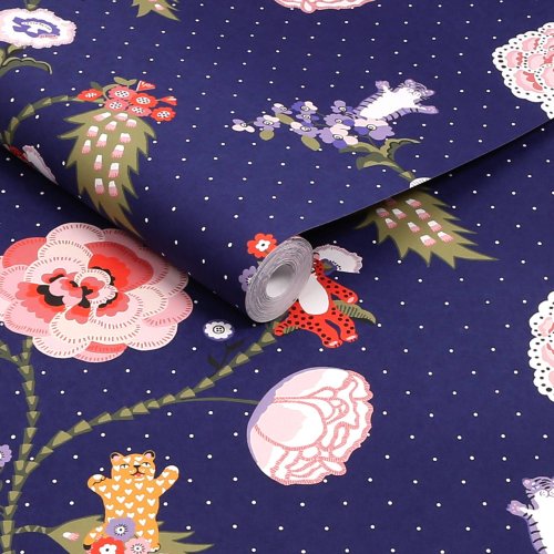 Roll of Cath Kidston Catnip Navy Wallpaper highlighting the playful floral and cat pattern