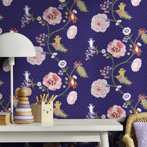 Interior wall styled with Cath Kidston Catnip Navy Wallpaper and floral cat motifs